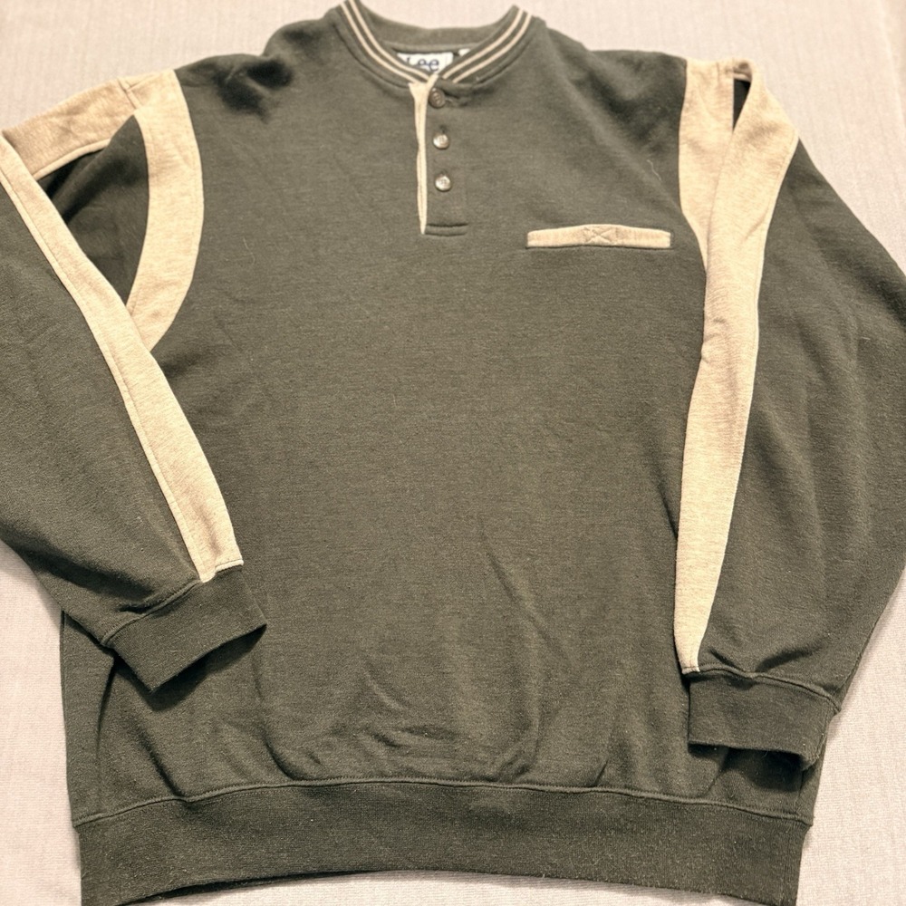 Vintage Lee Sport Mens Medium Green Gray Henley Colorblock Sweatshirt 90s